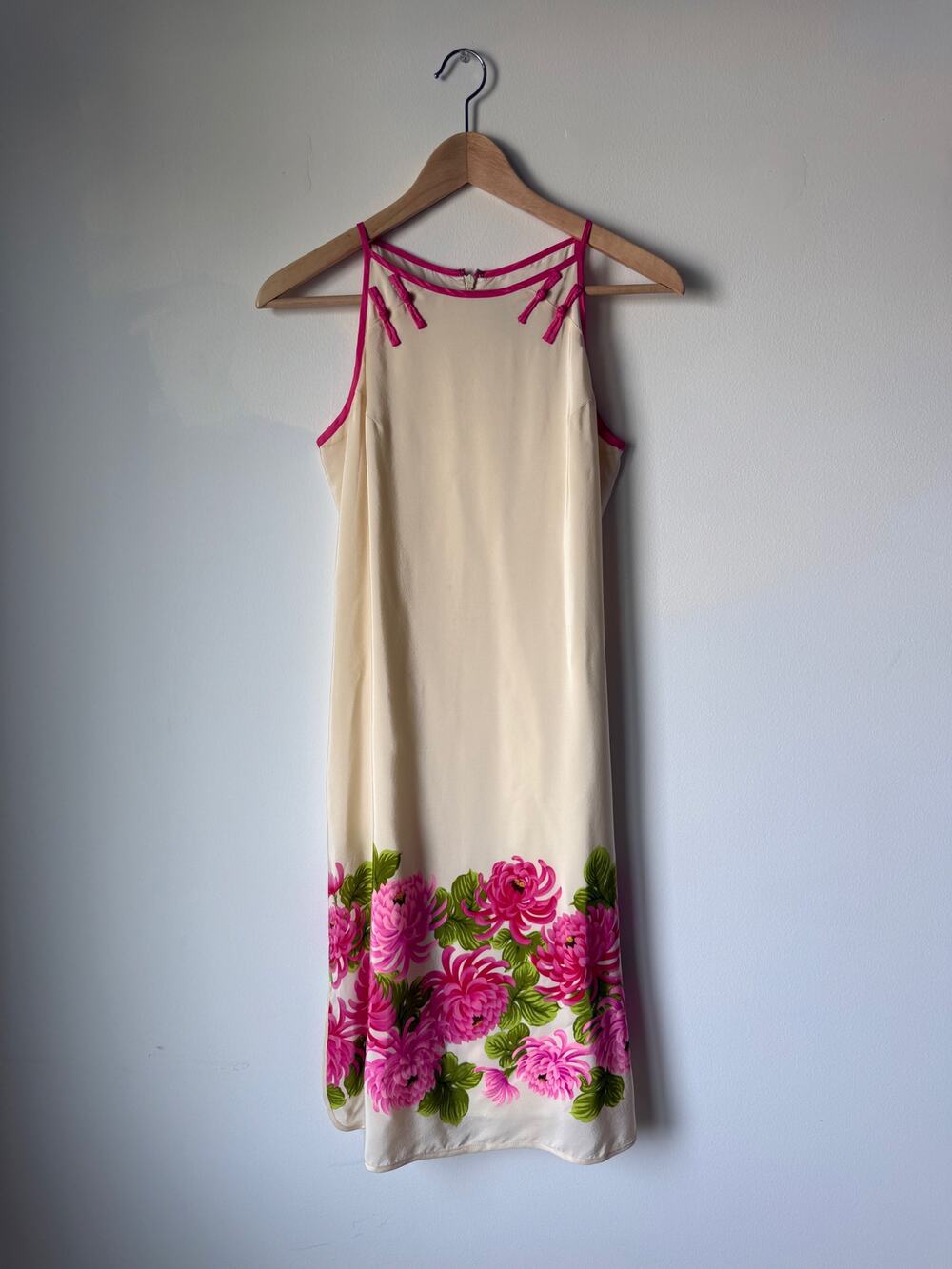 Anthropologie Silk Asian Inspired Dress Ivory Pink Chrysanthemum Floral Size 2